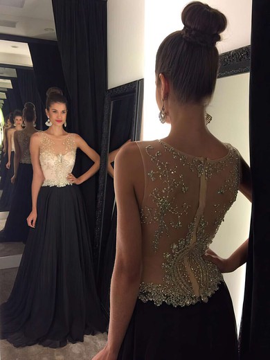 Best Scoop Neck Sweep Train Tulle Chiffon with Beading Black Prom Dresses #PDS020102320