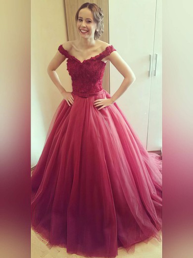 Ball Gown Burgundy Tulle Appliques Lace Amazing Off-the-shoulder Prom Dress #PDS020102328