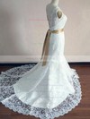 Winter Ivory Lace Trumpet/Mermaid Sashes/Ribbons Scalloped Neck Wedding Dress #PDS00020542