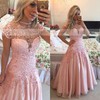 High Neck Chiffon Tulle Floor-length Pearl Detailing Short Sleeve Prom Dresses #PDS020102398