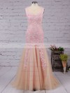 Trumpet/Mermaid Tulle Floor-length Appliques Lace V-neck Modest Prom Dresses #PDS020102421
