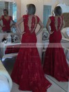 Burgundy Trumpet/Mermaid V-neck Lace Tulle Sweep Train Pearl Detailing Prom Dresses #PDS020102425