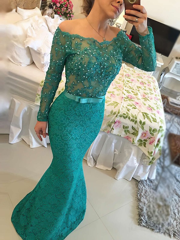 Trumpet/Mermaid Off-the-shoulder Lace Tulle Floor-length Long Sleeve Prom Dresses #PDS020102429
