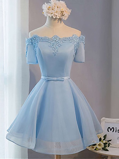 A-line Off-the-shoulder Satin Organza Short/Mini Sashes / Ribbons Short Prom Dresses #PDS020102547