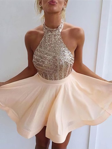 Backless A-line Halter Chiffon Short/Mini Sequins Summer Prom Dresses #PDS020102557