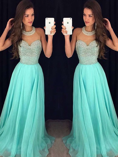 Unique Scoop Neck A-line Chiffon Tulle Sweep Train Pearl Detailing Prom Dresses #PDS020102441