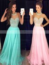 Unique Scoop Neck A-line Chiffon Tulle Sweep Train Pearl Detailing Prom Dresses #PDS020102441