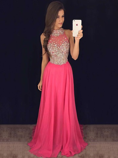 Sweep Train A-line Chiffon Tulle with Beading Top High Neck Prom Dresses #PDS020102445