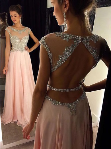 Stunning Open Back A-line Scoop Neck Chiffon Tulle with Beading Pink Prom Dresses #PDS020102446