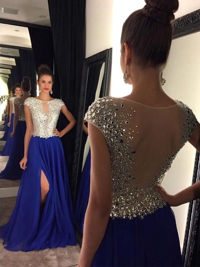 A-line Scoop Neck Royal Blue Chiffon Tulle Sweep Train Split Front Classy Prom Dress #PDS020102447