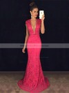 V-neck Lace Tulle with Pearl Detailing Sweep Train Trumpet/Mermaid Promotion Prom Dresses #PDS020102449