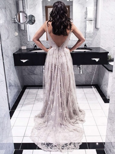 Backless A-line V-neck Lace Court Train Spaghetti Straps Exclusive Prom Dresses #PDS020102459