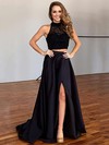 High Neck A-line Black Satin Tulle Sweep Train Split Front Unique Two Piece Prom Dress #PDS020102482