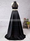 High Neck A-line Black Satin Tulle Sweep Train Split Front Unique Two Piece Prom Dress #PDS020102482