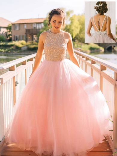 Scoop Neck Pink Tulle Floor-length with Beading Princess Prom Dresses #PDS020102483