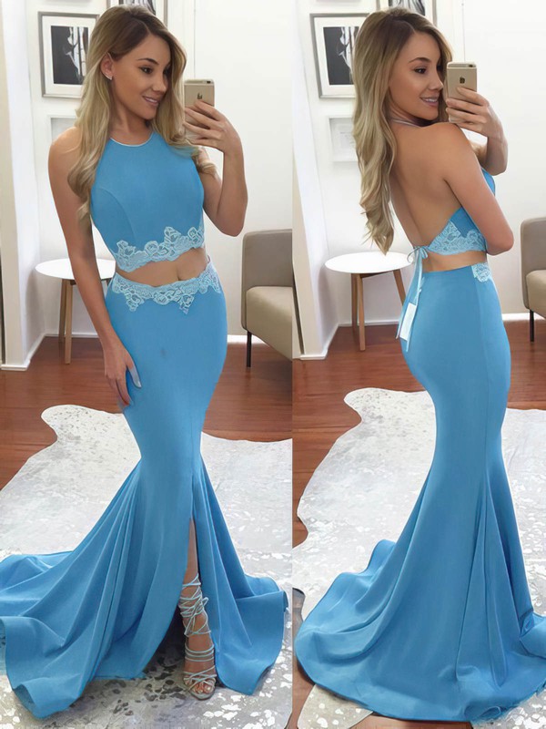 Two Piece Trumpet/Mermaid Sweep Train Appliques Lace Halter Prom Dress #PDS020102607