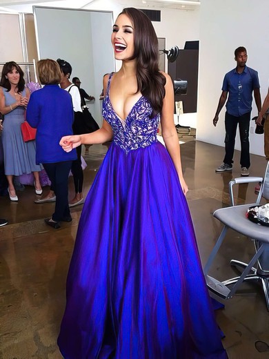 Amazing A-line V-neck Satin Sweep Train with Beading Royal Blue Prom Dresses #PDS020102608