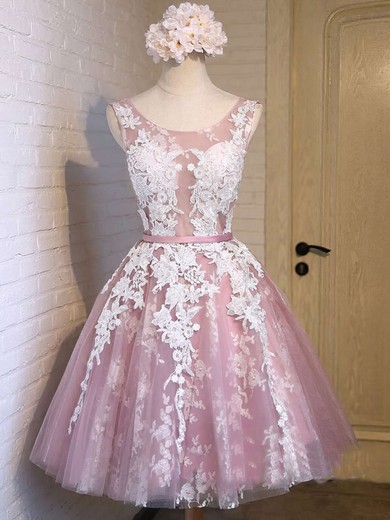 A-line Scoop Neck Tulle Appliques Lace Exclusive Knee-length Short Prom Dresses #PDS020102736