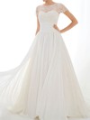 Open Back Cap Straps Scoop Neck A-line Chiffon Lace Modest Wedding Dress #PDS00020548