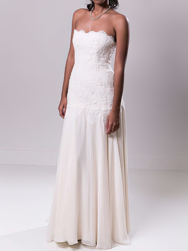 Strapless Nicest Chiffon with Appliques Lace Sheath/Column Ivory Wedding Dress #PDS00020549