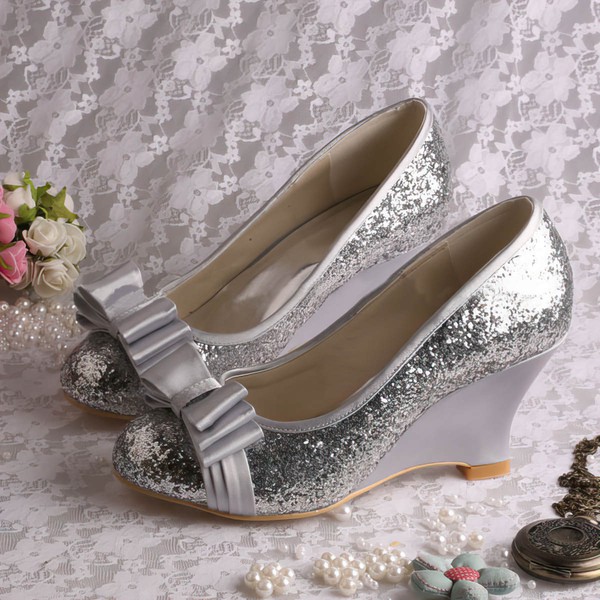 Women's Sparkling Glitter with Bowknot Wedge Heel Pumps Wedges #PDS03030058