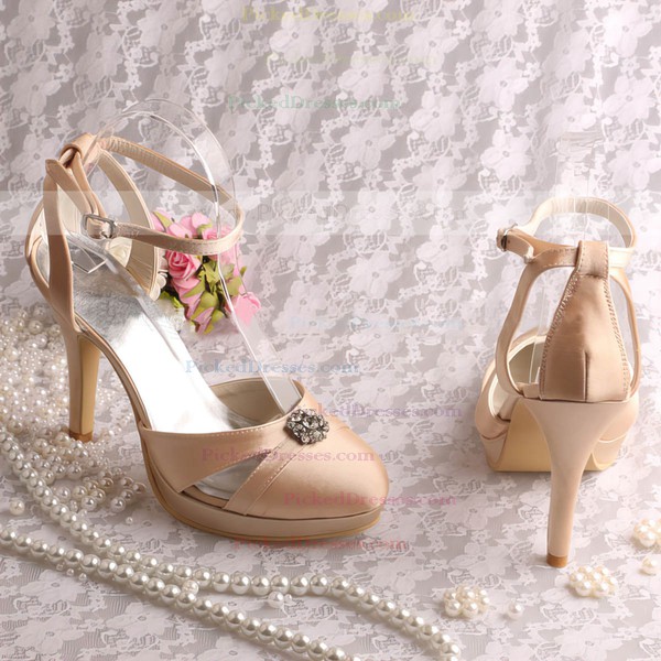 Women's Satin with Buckle Crystal Stiletto Heel Pumps Closed Toe Sandals Platform #PDS03030060