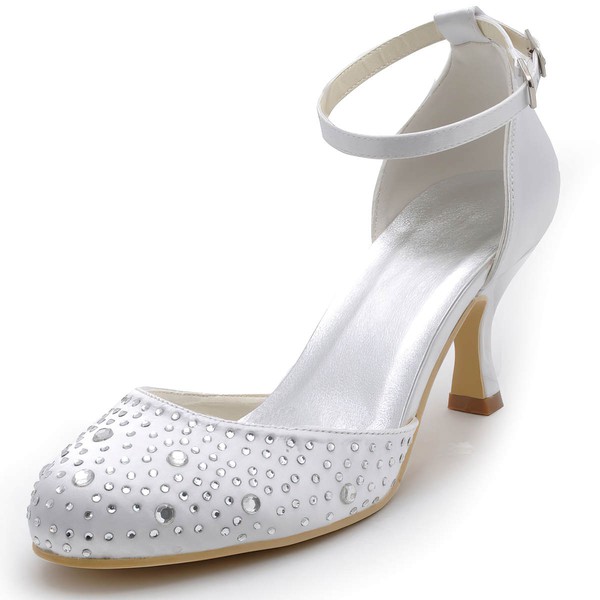 Women's Satin with Buckle Crystal Spool Heel Pumps Closed Toe #PDS03030135