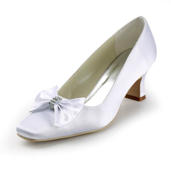 Women's Satin with Bowknot Crystal Chunky Heel Pumps Closed Toe #PDS03030140