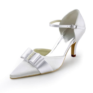 Women's Satin with Buckle Ribbon Tie Pearl Stiletto Heel Pumps Closed Toe #PDS03030144