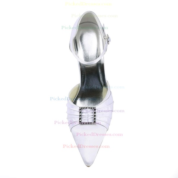 Women's Satin with Buckle Ruffles Crystal Stiletto Heel Pumps Closed Toe #PDS03030145