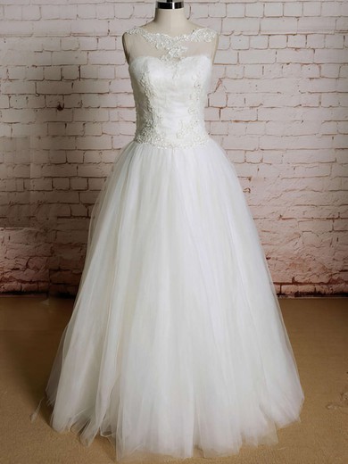 Best Scoop Neck Ivory Tulle Appliques Lace Ball Gown Wedding Dress #PDS00020565