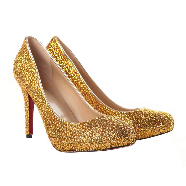 Women's Gold Suede Pumps/Closed Toe with Crystal #PDS03030202