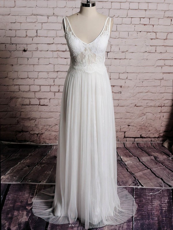 Sheath/Column Ivory Tulle Appliques Lace Open Back V-neck Wedding Dress #PDS00020567