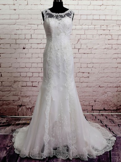 Unique White Lace Scoop Neck Buttons Trumpet/Mermaid Wedding Dress #PDS00020568