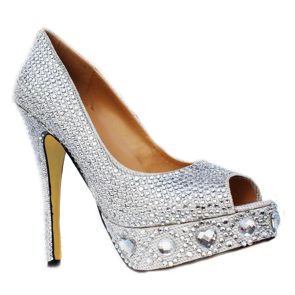 Women's Silver Sparkling Glitter Pumps/Peep Toe/Platform with Crystal Heel/Rhinestone #PDS03030220