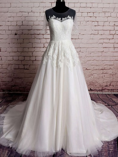 Ivory Tulle Satin with Appliques Lace Scoop Neck Short Sleeve Sweep Train Wedding Dresses #PDS00020569