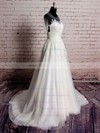 Ivory Tulle Satin with Appliques Lace Scoop Neck Short Sleeve Sweep Train Wedding Dresses #PDS00020569