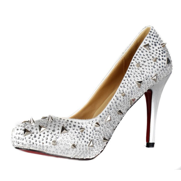 Women's Silver Satin Pumps/Closed Toe/Platform with Crystal #PDS03030236