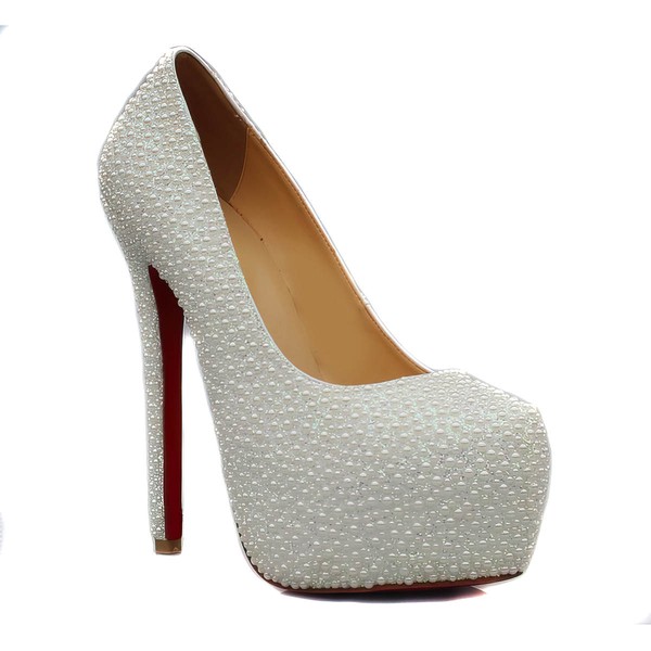 Women's White Suede Pumps/Closed Toe/Platform with Imitation Pearl #PDS03030238