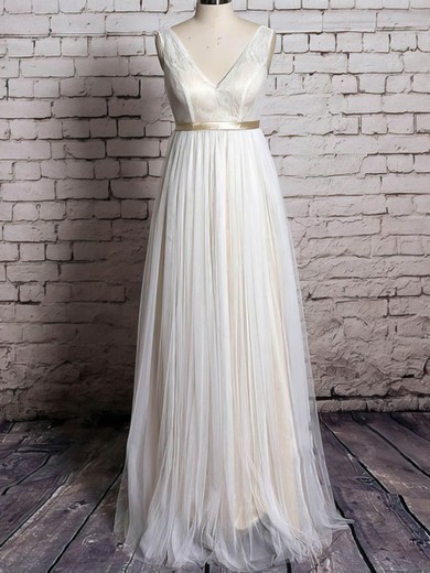 Ivory Tulle Lace with Sashes/Ribbons Floor-length V-neck Wedding Dress #PDS00020570
