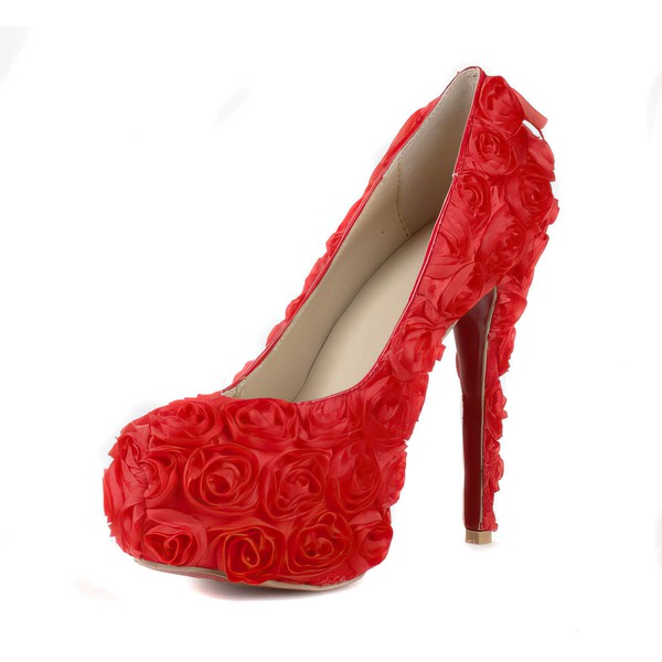 Women's Red Suede Pumps/Closed Toe/Platform with Satin Flower #PDS03030240