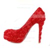 Women's Red Suede Pumps/Closed Toe/Platform with Satin Flower #PDS03030240