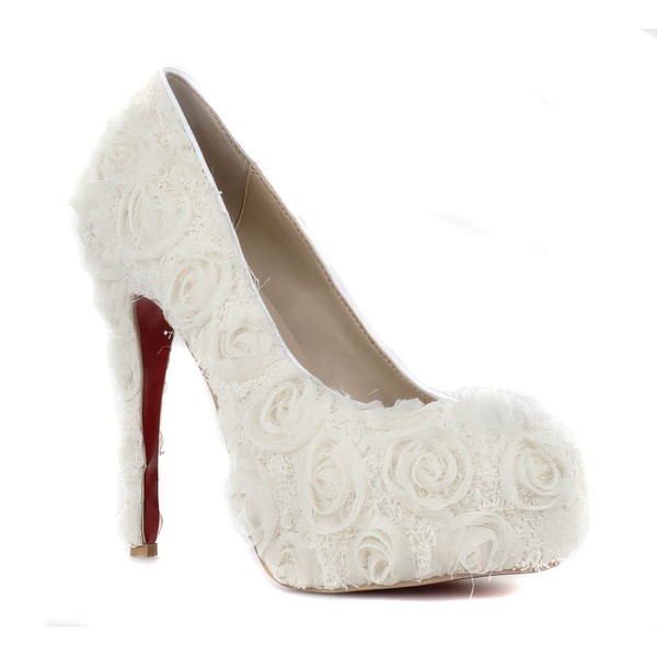 Women's White Suede Pumps/Closed Toe/Platform with Flower #PDS03030241