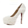Women's White Suede Pumps/Closed Toe/Platform with Flower #PDS03030241