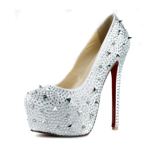 Women's Silver Satin Pumps/Closed Toe/Platform with Crystal Heel/Crystal