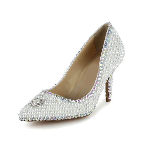 Women's White Patent Leather Closed Toe/Pumps with Crystal/Pearl #PDS03030258