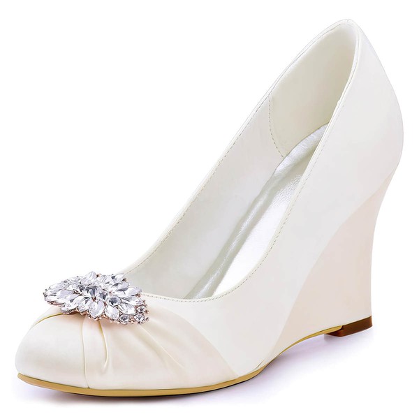 Women's Closed Toe Wedge Heel White Satin Wedding Shoes #PDS03030877