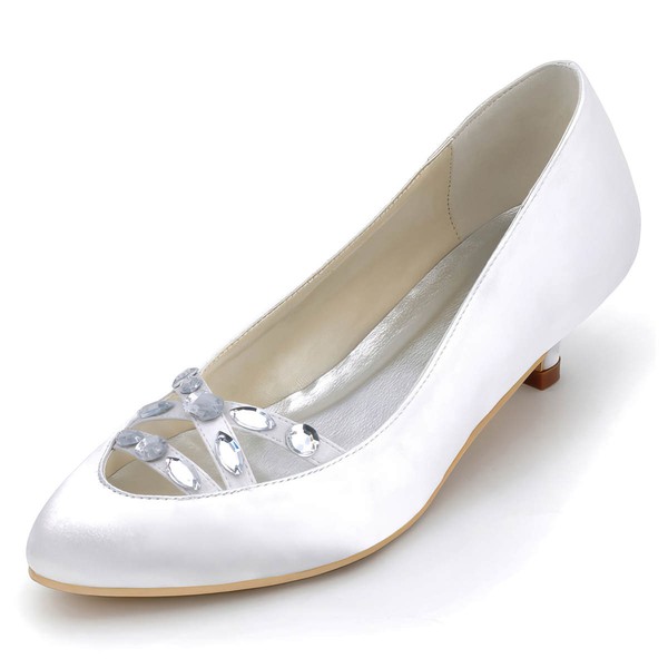 Women's Pumps Kitten Heel White Satin Wedding Shoes #PDS03030879