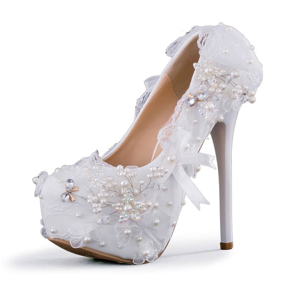 Women's Pumps Stiletto Heel White Leatherette Wedding Shoes #PDS03030903