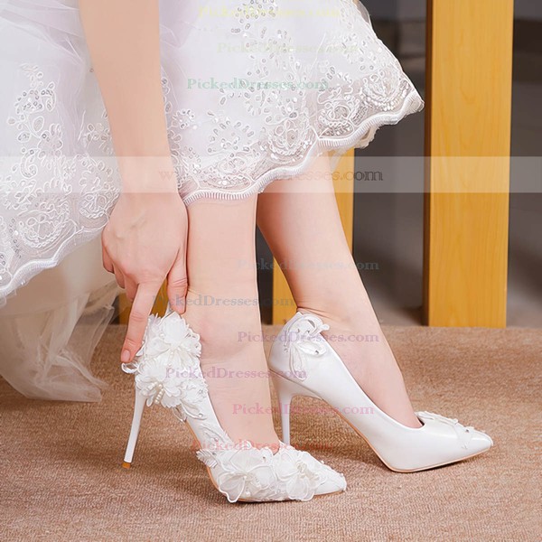 Women's Pumps Stiletto Heel White Leatherette Wedding Shoes #PDS03030911